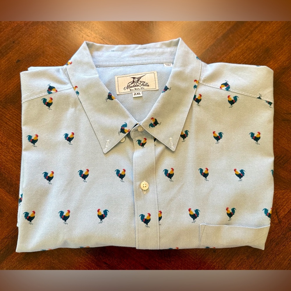 Madda Fella Blue Short-Sleeve Button-Down Shirt w/.  Rooster Print, XXL